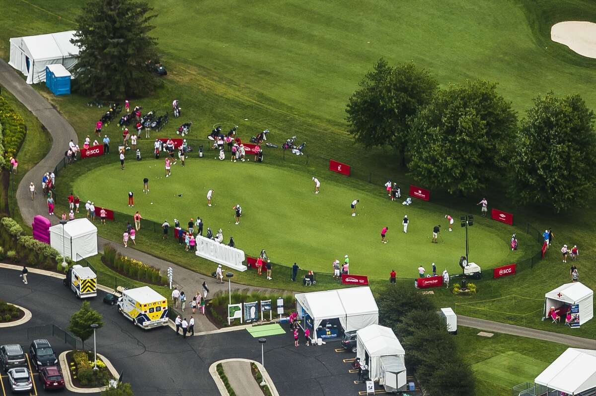 Midland Country Club as seen from the air during the Dow Great Lakes Bay Invitational Pro-Am tournament on Tuesday, July 16, 2019. (Katy Kildee/kkildee@mdn.net)