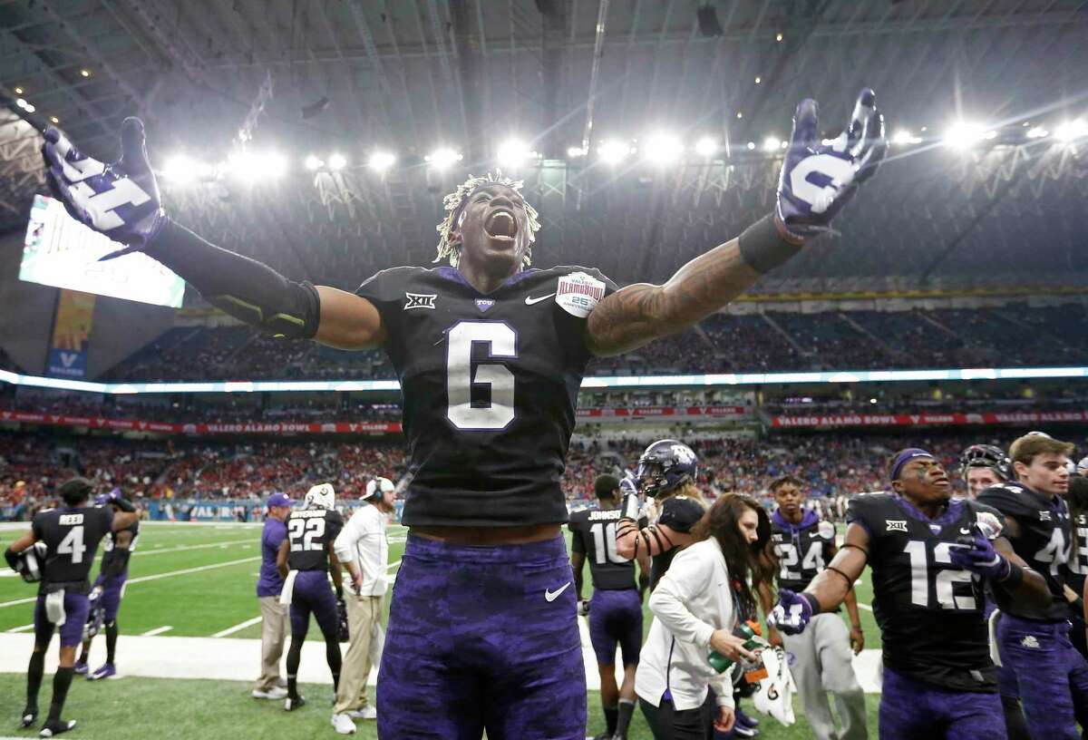 TCU safety Innis Gaines (6) celebrates late in second half action of the Alamo Bowl against Stanford Thursday Dec. 28, 2017 at the Alamodome. TCU won 39-37.