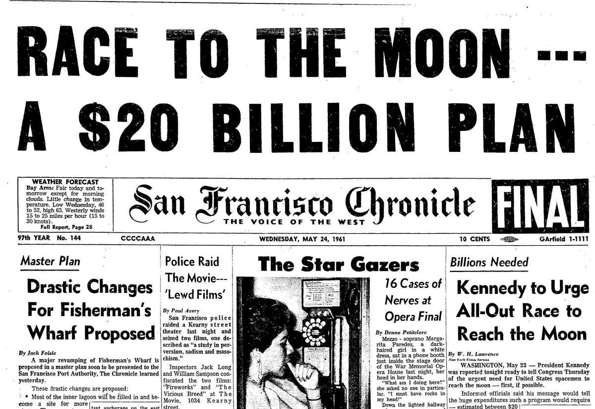 A May 21, 1961 Chronicle front page article on President John Kennedy urging all-out effort in the space race