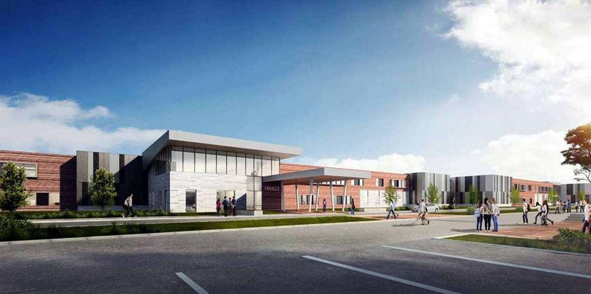 An architect’s rendering shows the main entrance to Fort Bend ISD’s twelfth high school to be built on an 80-acre plot in Rosharon. Education was one of the few categories to show a year-over-year increase in construction starts in January 2020, according to Dodge Data & Analytics.