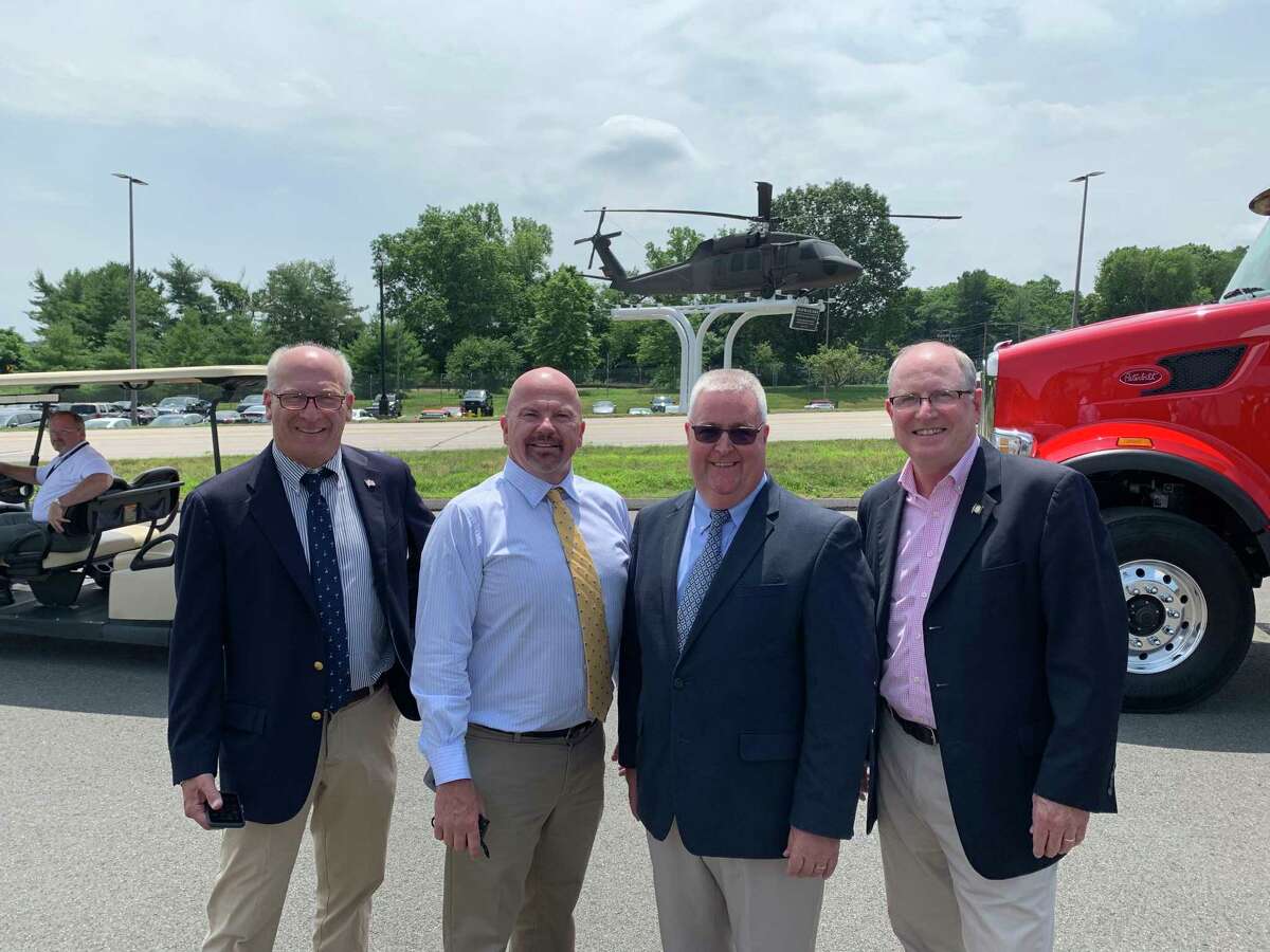 Members of the Stratford legislative delegation attended the groundbreaking of the Route 110 realignment project, a collaboration with Sikorsky, on July 8, 2019. Pictured from left to right, Rep. Phil Young, Rep. Joe Gresko, Rep. Ben McGorty and Sen. Kevin Kelly.