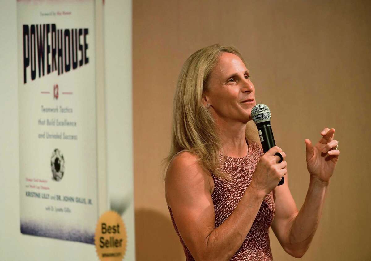 Wilton High School graduate and soccer star Kristine Lilly speaks at Wilton Library to promote her book, PowerHouse.