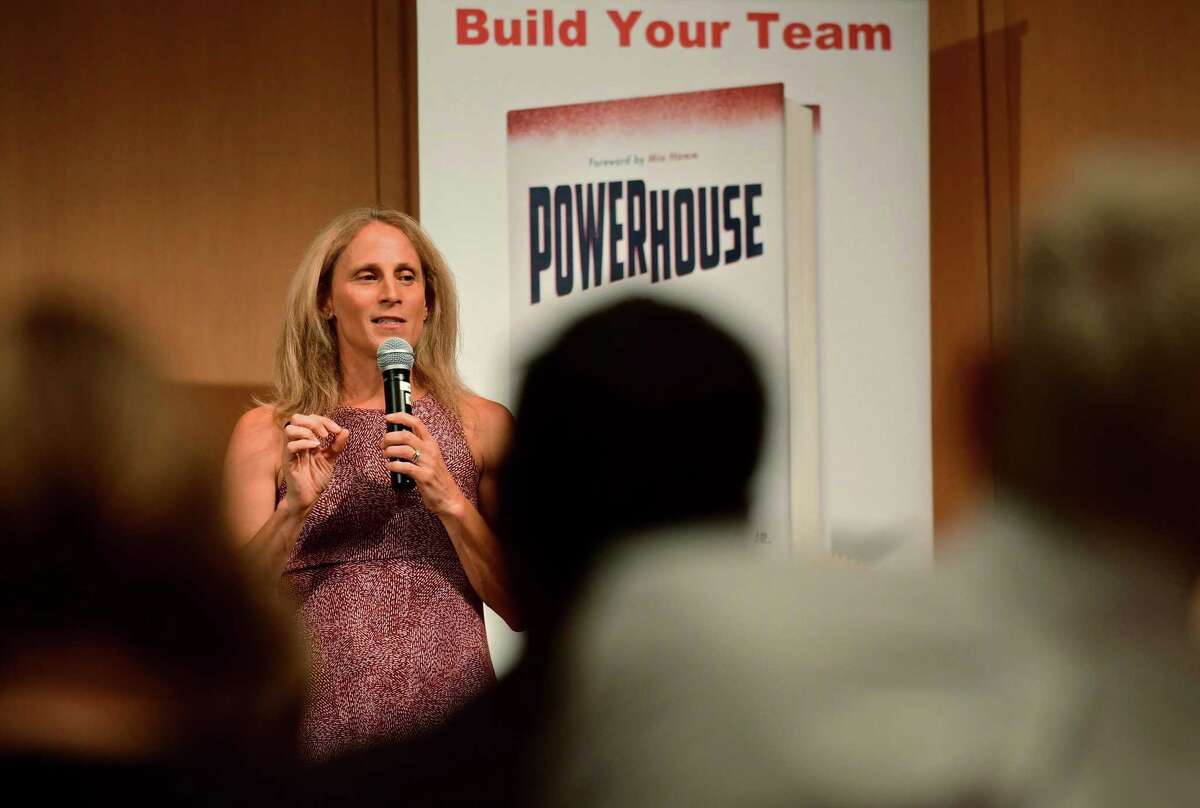 Wilton High School graduate and soccer star Kristine Lilly speaks Tuesday, July 16, 2019, at Wilton Library in promotion of her new book, PowerHouse, in Wilton, Conn.
