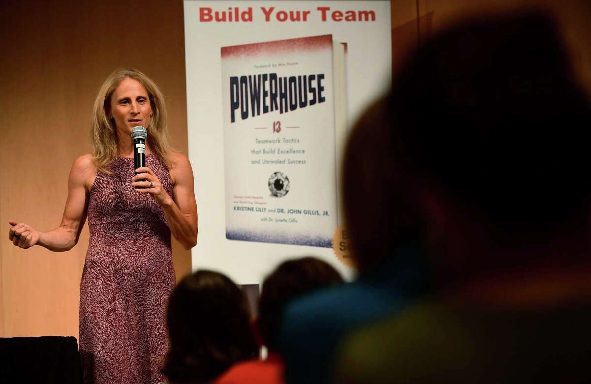 Wilton High School graduate and soccer star Kristine Lilly speaks Tuesday, July 16, 2019, at Wilton Library in promotion of her new book, PowerHouse, in Wilton, Conn.