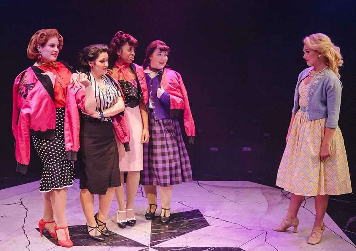 The "Pink Ladies" (From left to right: Elizabeth D'Aiuto, Angie Colonna, Maya Cuevas, Zoey Bright, Emma Flynn) "Grease," The Mac-Haydn Theatre, Photo credit: Ann Kielbasa.