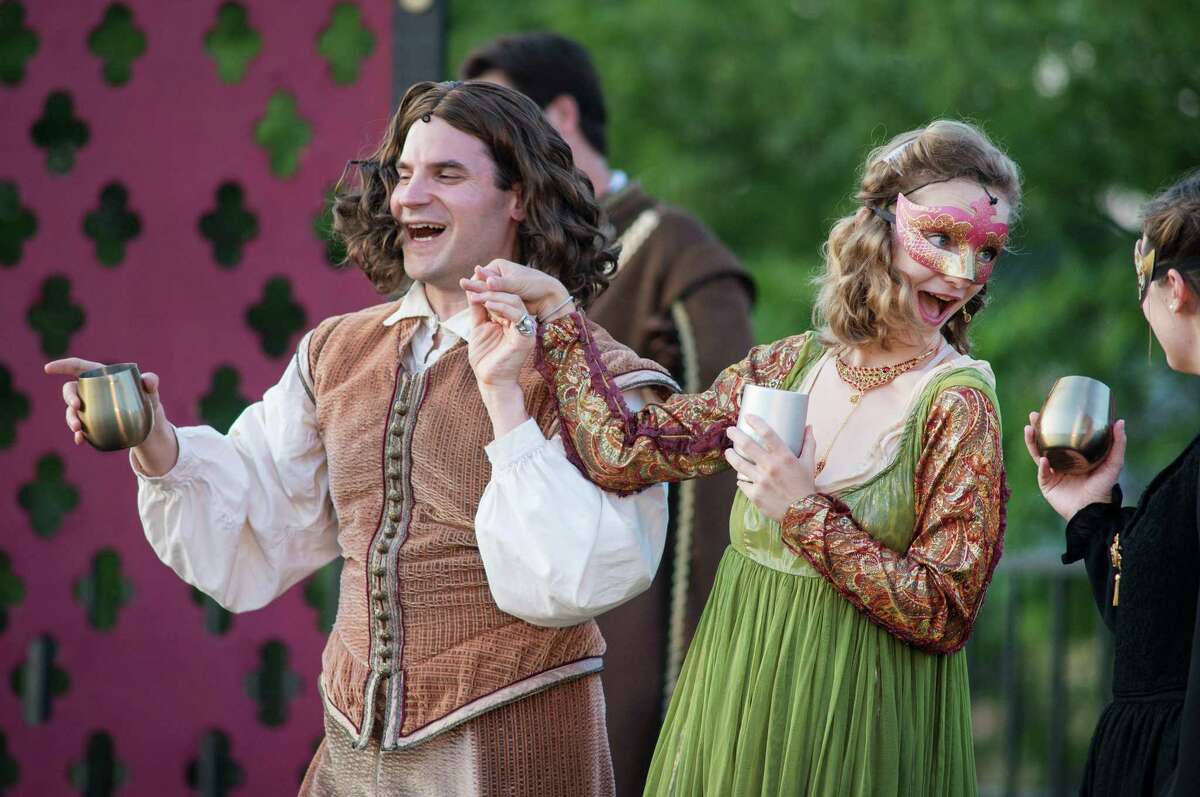 Matthew Mancuso (Lord Chamberlain), Kate McMorran (Anne Bullen) in the Valley Shakespeare production of King Henry VIII at the Veterans Memorial Park in Shelton, Connecticut on Sunday, July 14, 2019