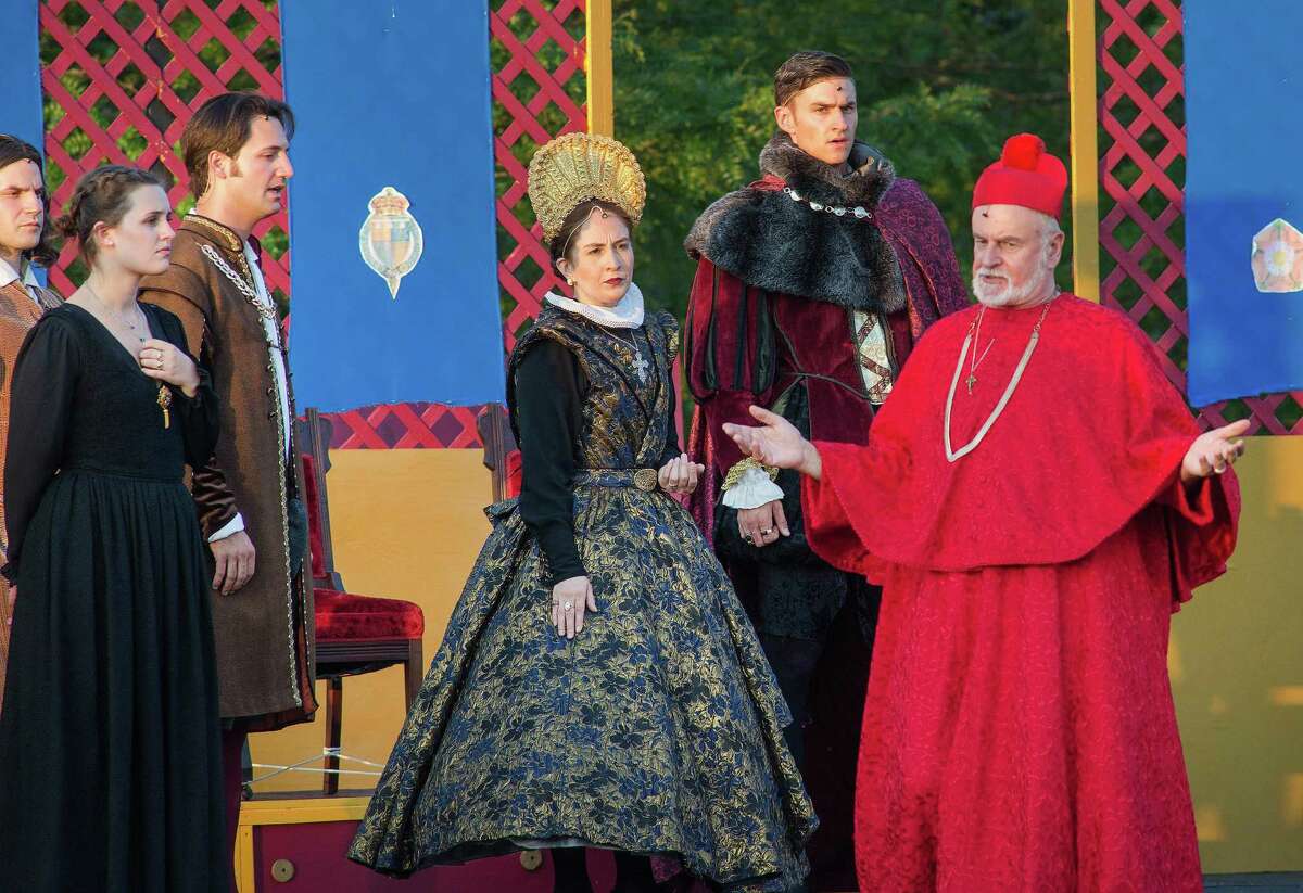 Julia Lennon (Princess Mary), Josh Johnston (Duke of Norfolk), Kendall Segovia (Queen Katherine), Marshall Taylor Thurman (King Henry VIII), Craig MacDonald (Cardinal Wolsey) in the Valley Shakespeare Festival production of King Henry VIII at the Veterans Memorial Park in Shelton, Connecticut on Sunday, July 18, 2019. Julia Lennon (Princess Mary), Josh Johnston (Duke of Norfolk), Kendall Segovia (Queen Katherine), Marshall Taylor Thurman (King Henry VIII), Craig MacDonald (Cardinal Wolsey) in the Valley Shakespeare Festival production of King Henry VIII at the Veterans Memorial Park in Shelton, Connecticut on Sunday, July 18, 2019.