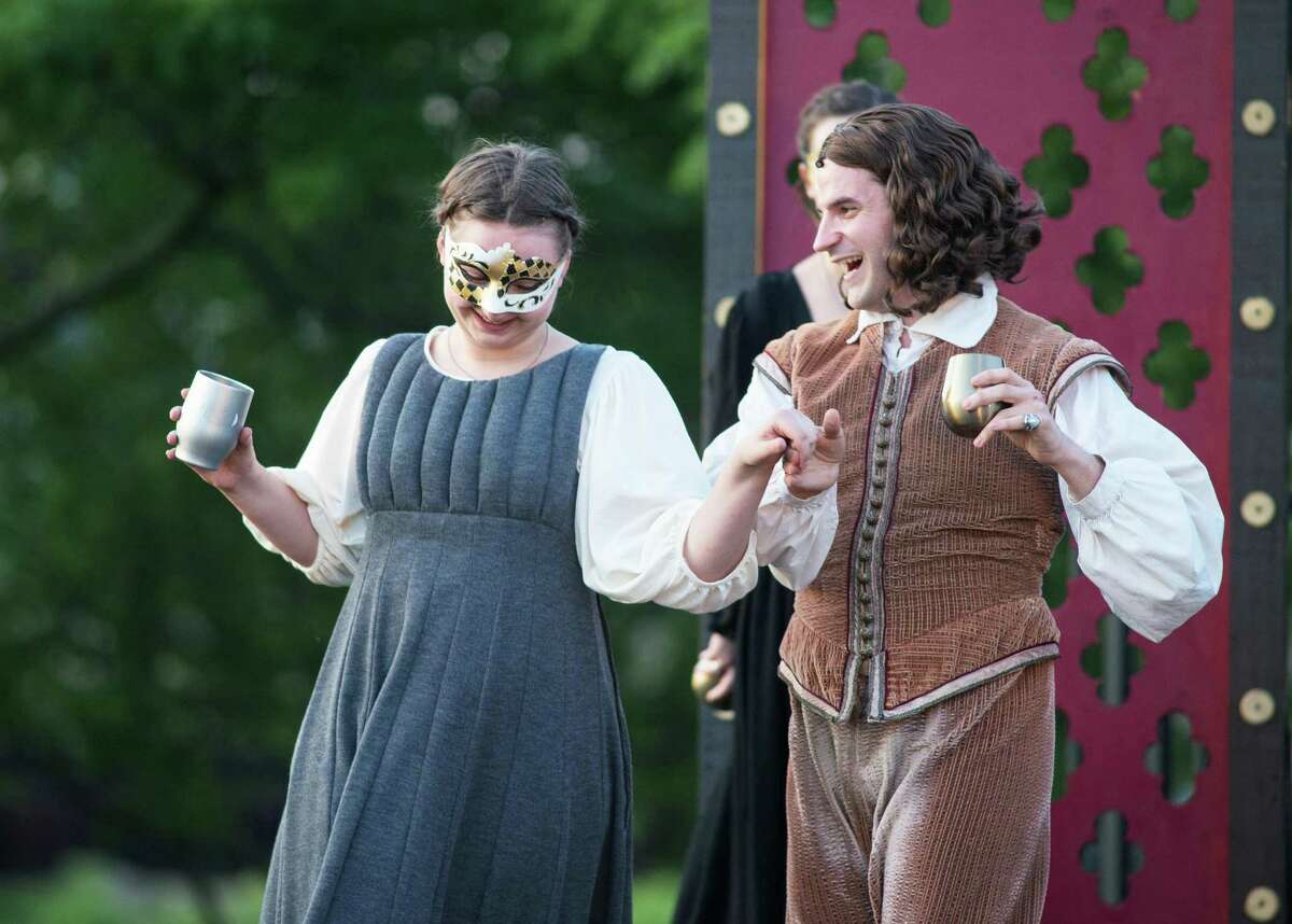Melanie Byron (Ensemble Woman), Matthew Mancuso (Lord Chamberlain) in the Valley Shakespeare Festival performance of King Henry VIII at the Veterans Memorial Riverwalk Park in Shelton, Connecticut on Sunday, July 14, 2019. Melanie Byron (Ensemble Woman), Matthew Mancuso (Lord Chamberlain) in the Valley Shakespeare Festival performance of King Henry VIII at the Veterans Memorial Riverwalk Park in Shelton, Connecticut on Sunday, July 14, 2019.