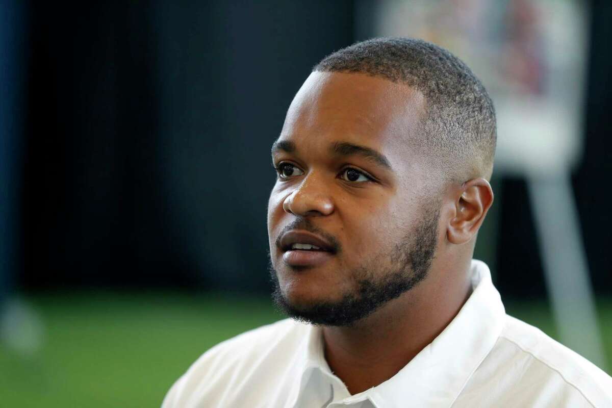 UTSA offensive lineman Josh Dunlop responds to questions as he talks with reporters during Conference USA college football media day on July 17, 2019, in Frisco.