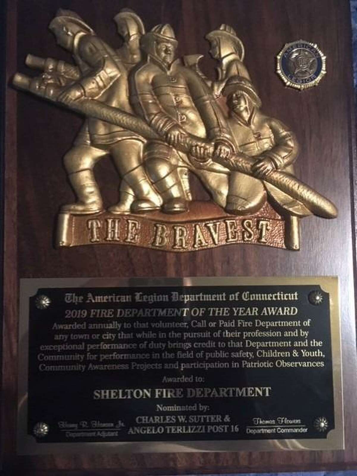 The Shelton Fire Department was awarded the state’s top honor by the American Legion Department of Connecticut. Above is the plaque.