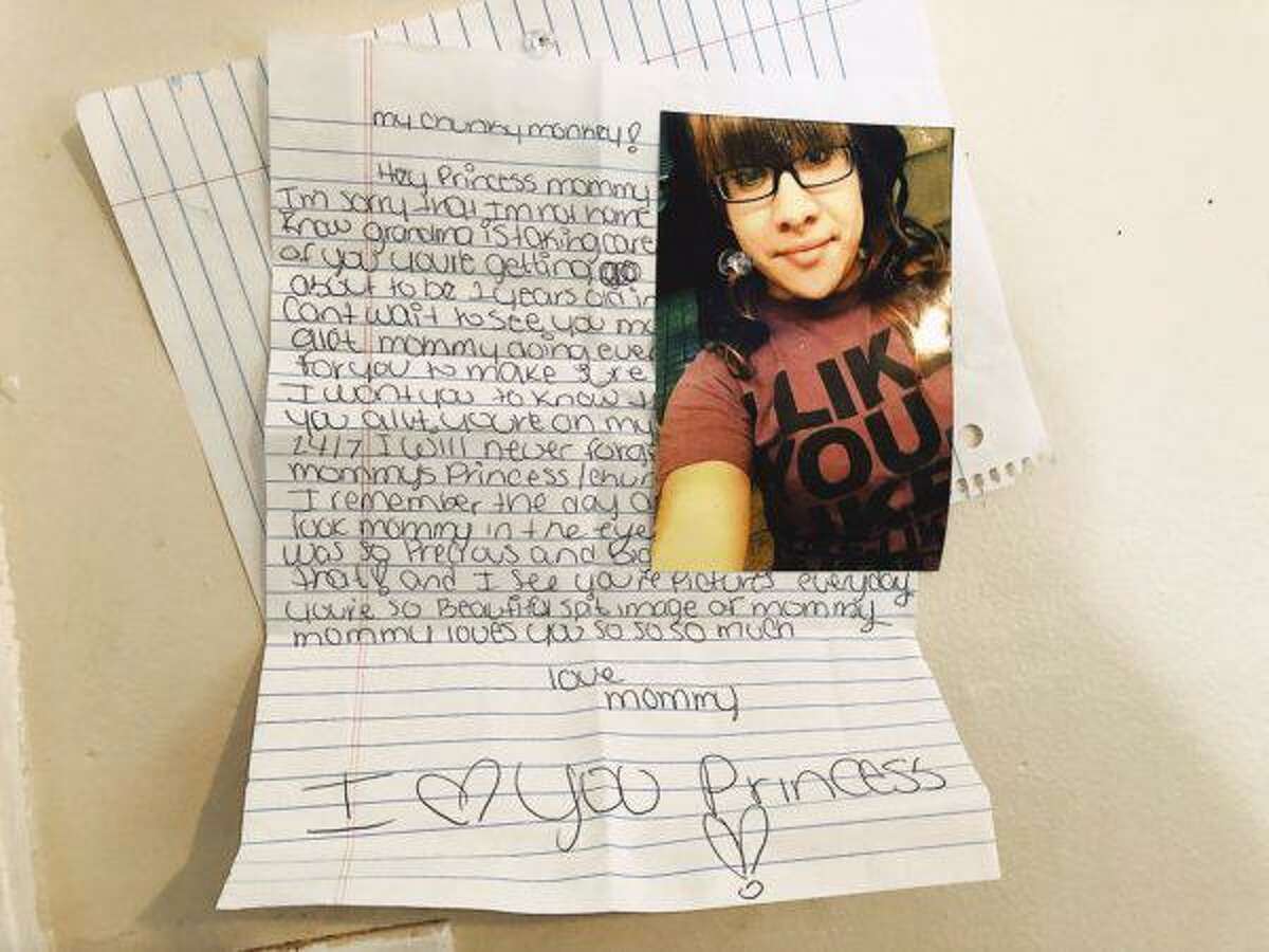 A photo of Tianna Laboy is pinned to the wall at her mother’s home along with a letter she penned for her baby.