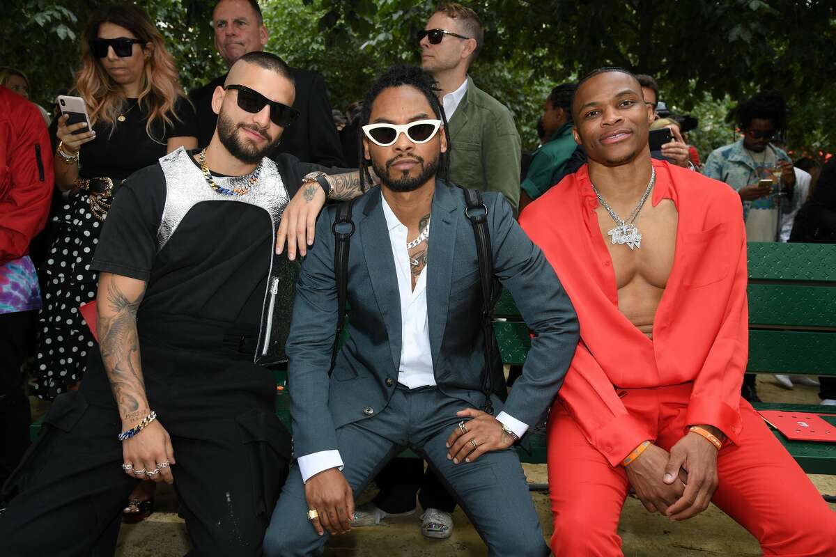 PARIS, FRANCE - JUNE 20: (L-R) Maluma, Miguel and Russel Westbrook attend the Louis Vuitton Menswear Spring Summer 2020 show as part of Paris Fashion Week on June 20, 2019 in Paris, France. (Photo by Pascal Le Segretain/Getty Images)