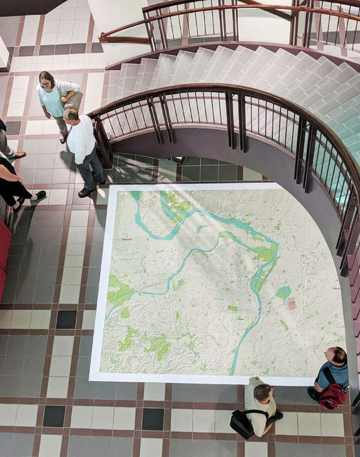 A large map of the Cahokia Mounds region was placed on the floor of the Madison County Administration Building’s lobby Wednesday. County board members approved $25,000 for efforts to make Cahokia Mounds part of the National Park System one day before U.S. Rep. Mike Bost introduced legislation to include Cahokia Mounds and related sites in the national park system.