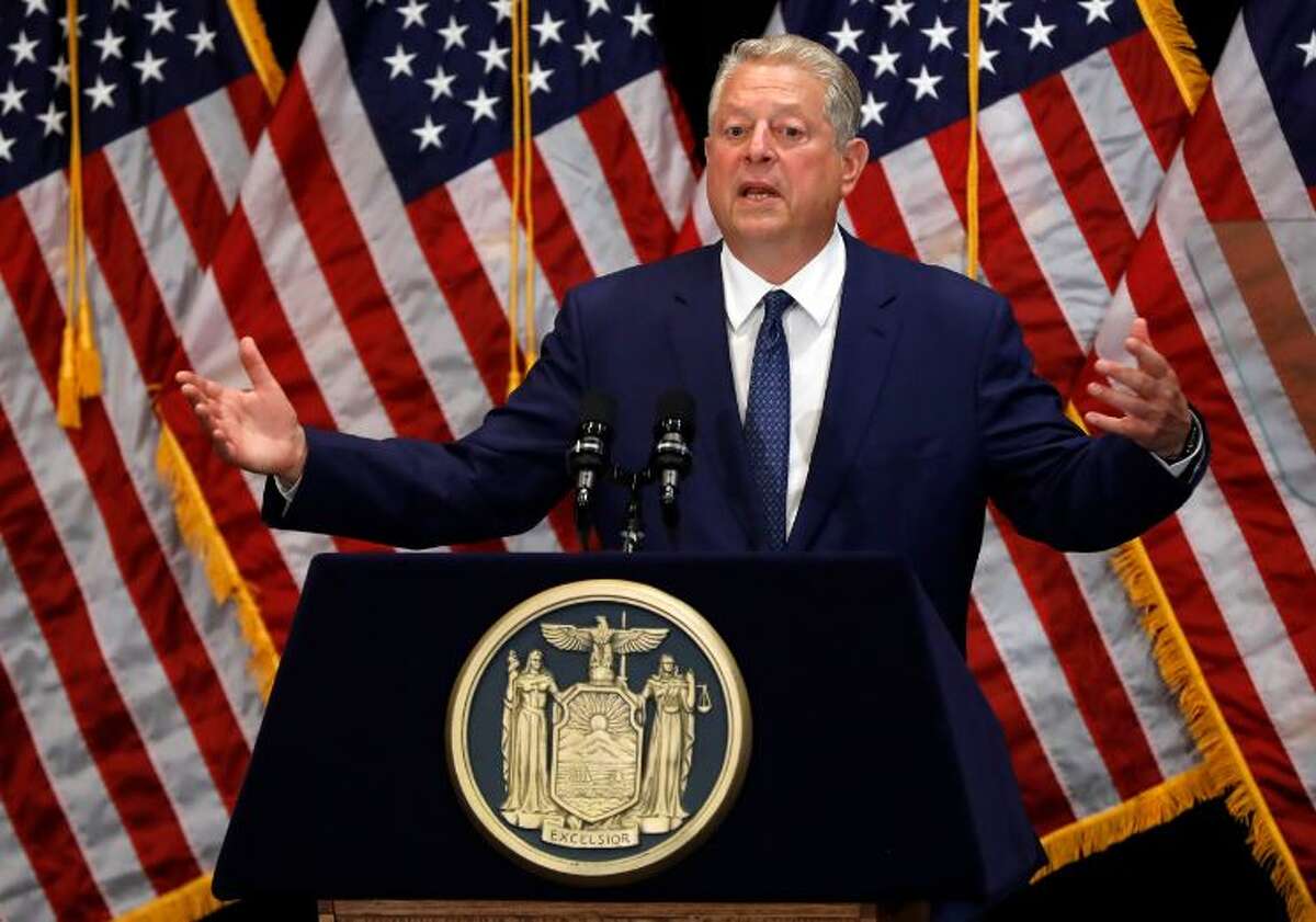 Former Vice President Al Gore delivers his remarks before witnessing New York Gov. Andrew Cuomo sign the Climate Leadership and Community Protection Act, Thursday, July 18, 2019, at Fordham University in New York. New York’s new law aimed at ending climate change emissions will drive dramatic changes over the next 30 years if it meets its ambitious goals.
