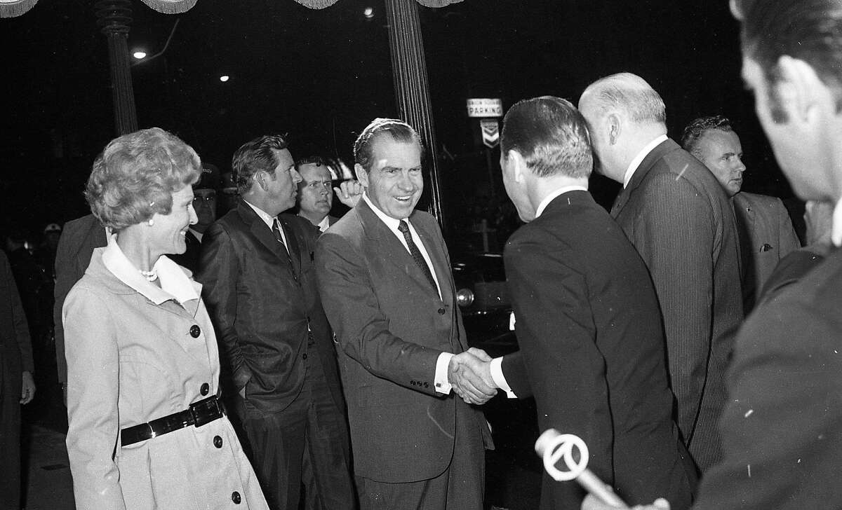 President Richard Nixon and first lady Pat Nixon arrive at the St. Francis, July 23, 1969. Supporters gathered in Union Square. Photos taken by Chronicle Staff photographers, Gordon Peters, Art Frisch and Jerry Telfer