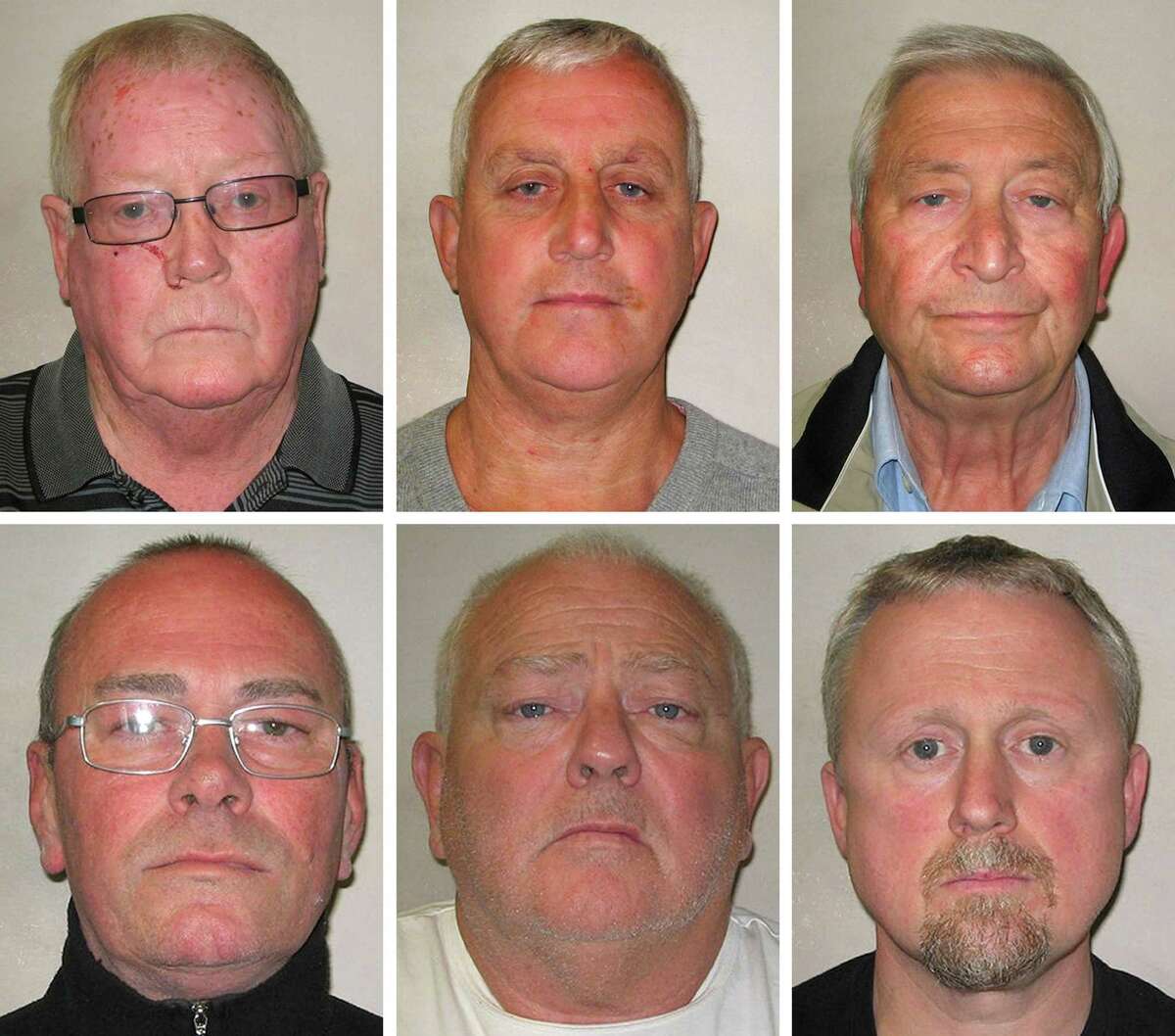 This undated Metropolitan Police handout photo shows, top row from left, John Collins, Daniel Jones and Terry Perkins, and bottom row from left, Carl Wood, William Lincoln and Hugh Doyle after their arrest in London. A British judge on Wednesday, March 9, 2016 sentenced six men who stole cash, jewelry and gold worth 14 million pounds ($20 million) from a vault in London’s diamond district to up to seven years in prison. The mostly elderly gang drilled through a concrete vault wall in the Hatton Garden diamond district in April and ransacked more than 70 safe-deposit boxes in a heist that has been described as the largest burglary in English legal history. Five of the men were sentenced at the Woolwich Crown Court to prison terms of six or seven years, while the sixth received a suspended sentence for his lesser role in “concealing, converting or transferring criminal property” related to the heist. (Metropolitan Police via AP)