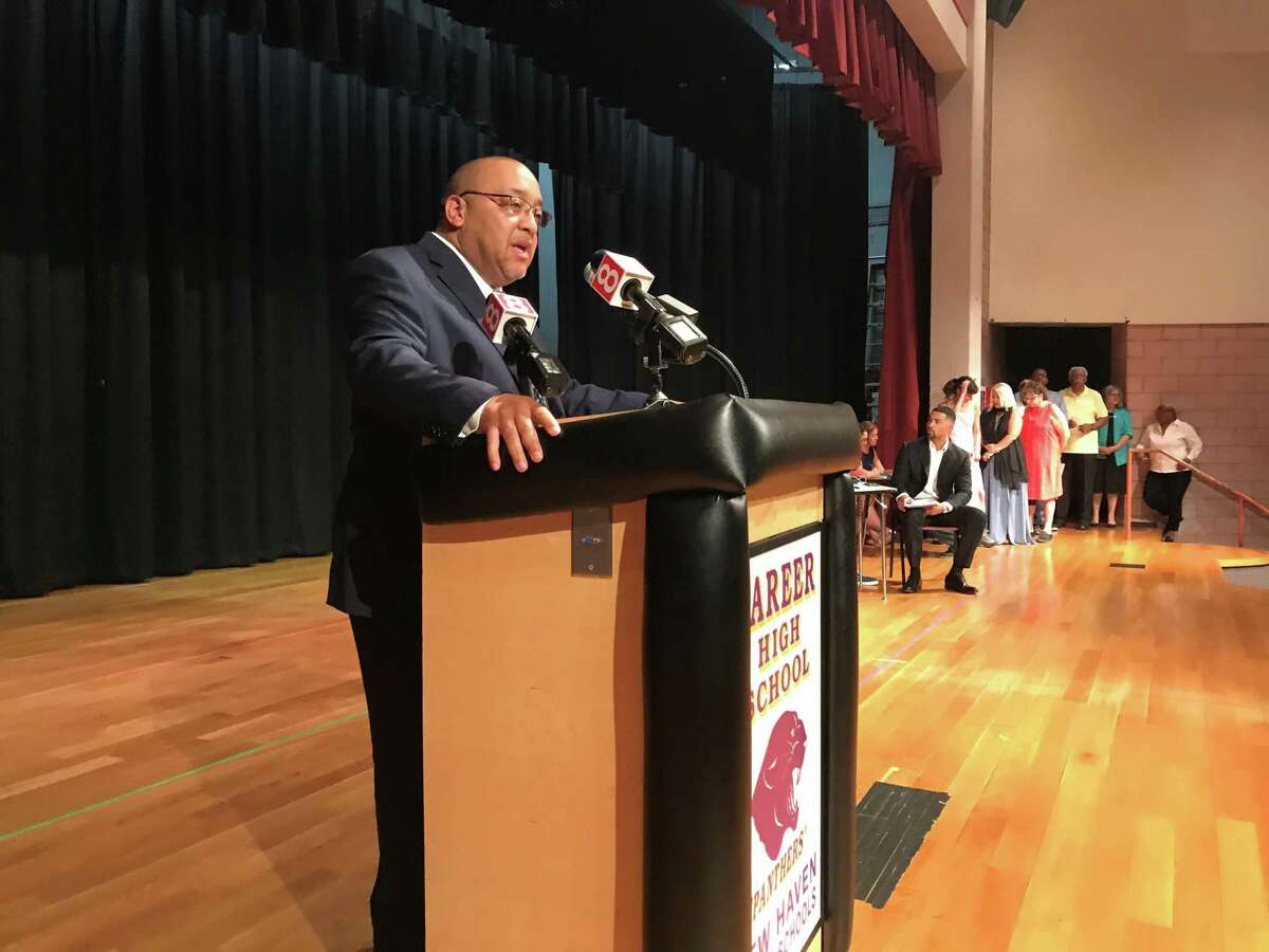 Board of Education President Darnell Goldson accepts the Democratic Town Committee's endorsement on July 18, 2019.