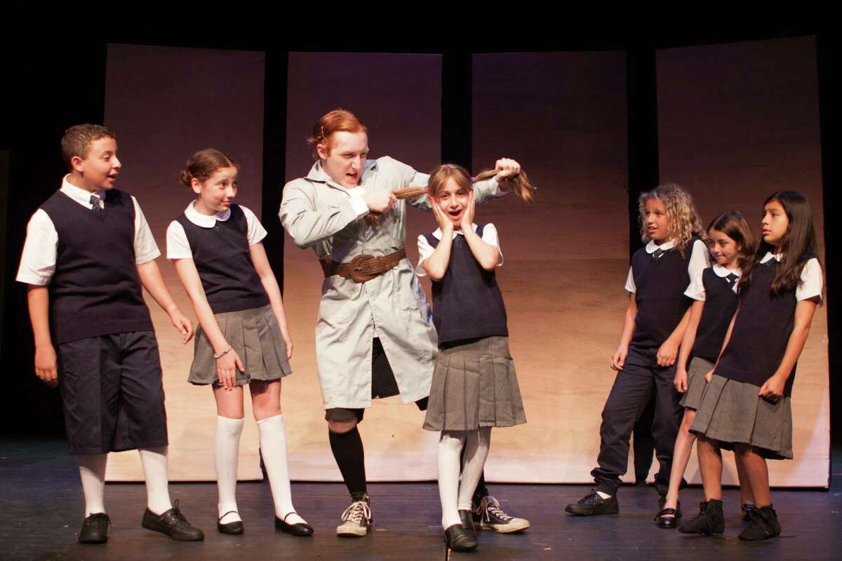 Jake Sperling, left, Cooper Toland, Dante DiFederico (Miss Trunchbull), Sophia Sibilia (Amanda Thripp), Samantha Sperling, Elena Cappella and Beverlyn Lopez rehearse for Curtain Call’s Summer Youth Theatre production of Matilda The Musical” in The Kweskin Theatre