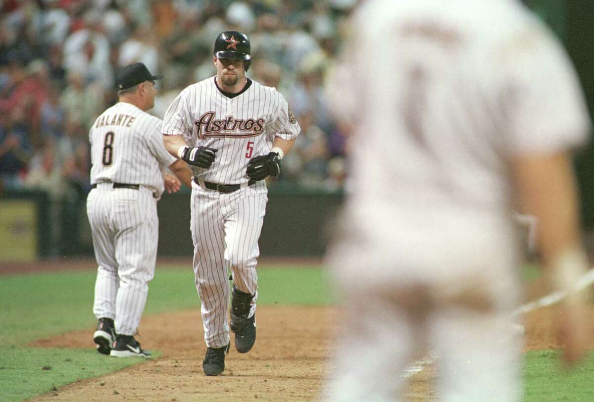 Jeff Bagwell heads for home after hitting a home run during the fifth inning — his second hit of the frame — as he hit for the cycle during the Astros' 17-11 victory over the Cardinals on July 18, 2001 at Minute Maid Park.