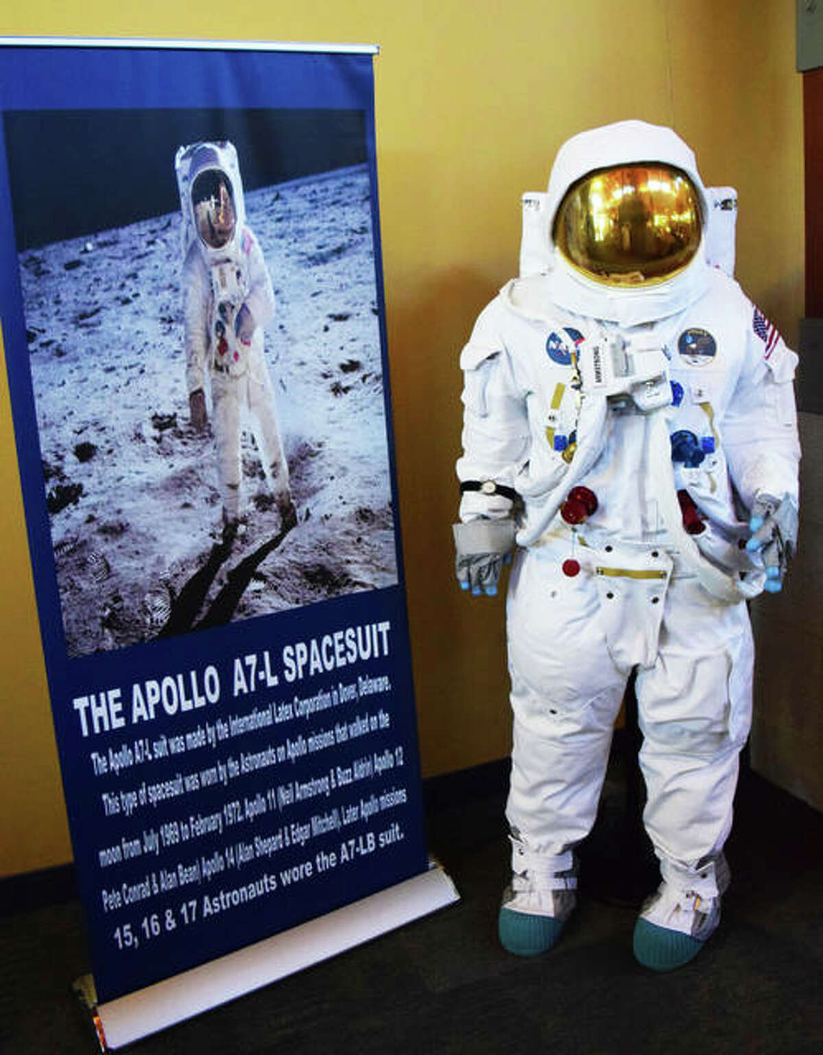 A replica of the original spacesuit worn by Neil Armstrong on the Apollo 11 Moon landing on display at the Glen Carbon Centennial Library.