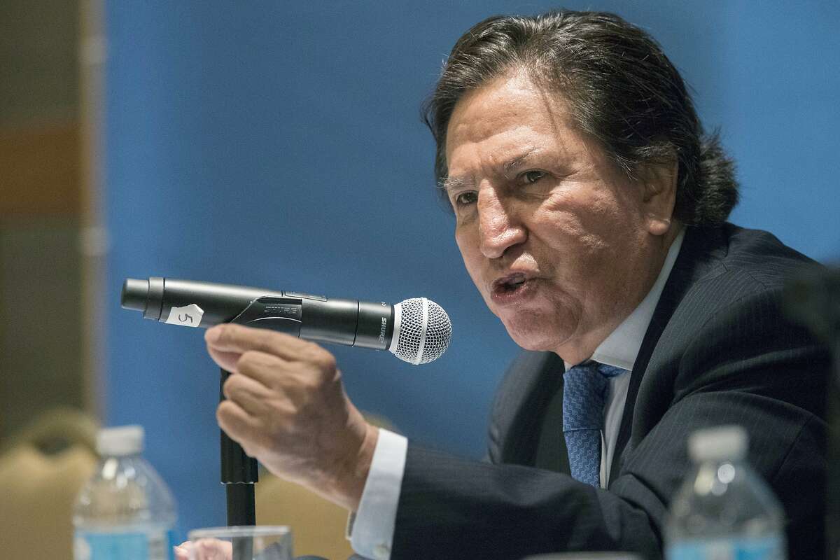FILE - In this May 24, 2017 file photo, Peru's former President Alejandro Toledo addresses the New Economy Forum Globalization Dialogues at the United Nations in New York. Toledo, who faces corruption charges in his homeland, will appear before a federal judge in San Francisco Friday, July 19, 2019. Toledo was arrested in Northern California following an extradition request. (AP Photo/Mary Altaffer, File)