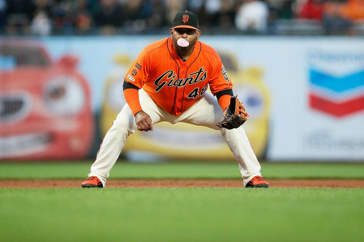 San Francisco Giants third baseman Pablo Sandoval (48) sets his feet and prepares for the batter in the fifth inning of an MLB game against the New York Mets at Oracle Park, Friday, July 19, 2019, in San Francisco, Calif.