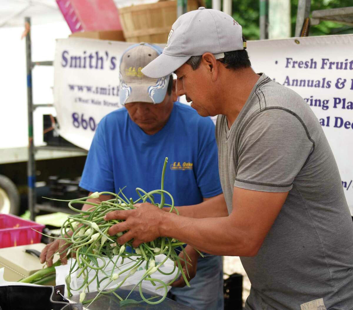 Smith's Acres workers Victorino Vasquez, left, and Guadaloupe Lopez weigh and bag veggies at the Stamford Museum & Nature Center Sunday Farm Market in Stamford, Conn. Sunday, June 30, 2019.