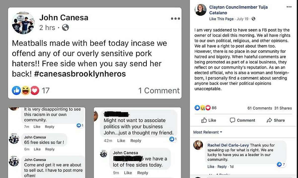 A screenshot of Clayton Mayor Tuija Catalano's Facebook page where she published a post saying she was �very saddened� by the Facebook post made by John Canesa owner of Canesa�s Brooklyn Heros deli in Clayton. Catalano posted screen shots of replies to Canesa�s remarks that appear to show him reveling in the offense his statements caused.