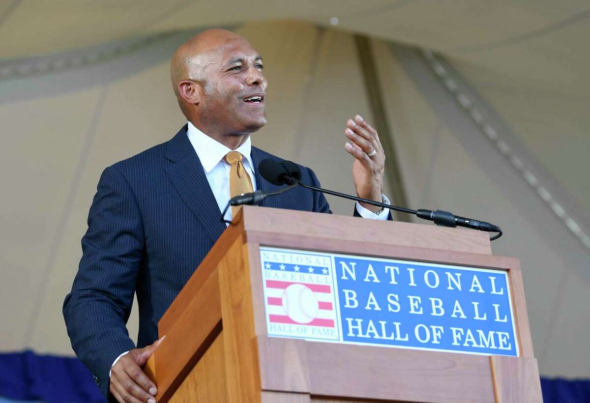 Former Yankees pitcher and National Baseball Hall of Fame inductee Mariano Rivera speaks during the induction ceremony Sunday in Cooperstown, N.Y.