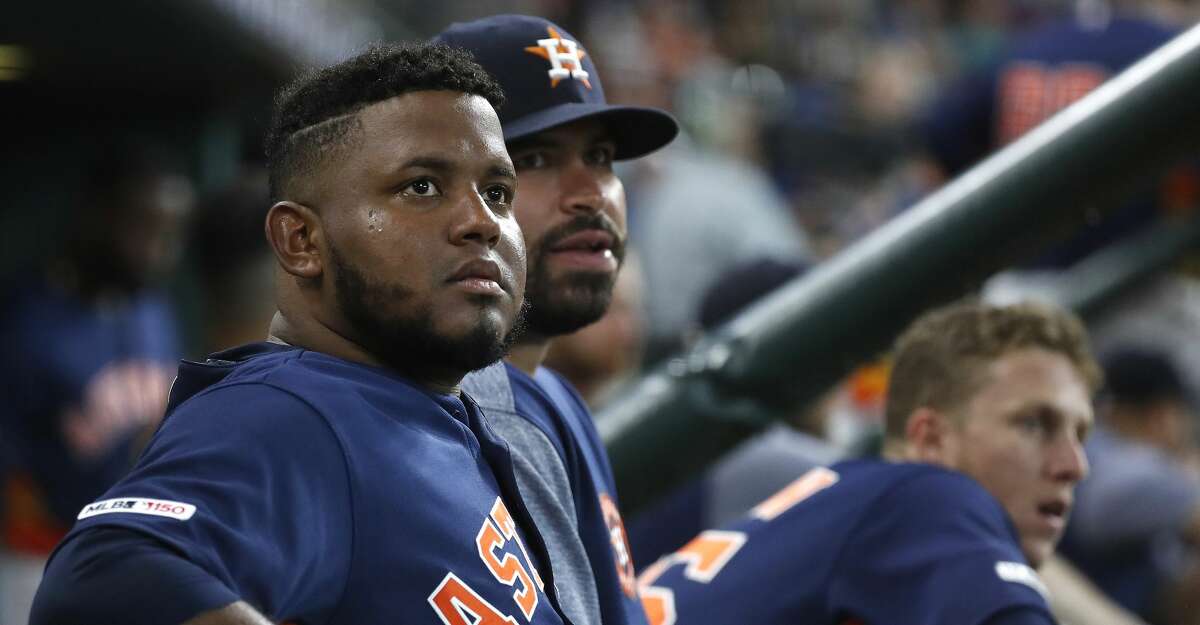 Houston Astros starting pitcher Rogelio Armenteros (61) sits in the dugout during the fifth inning of an MLB baseball game at Minute Maid Park, Sunday, July 21, 2019.