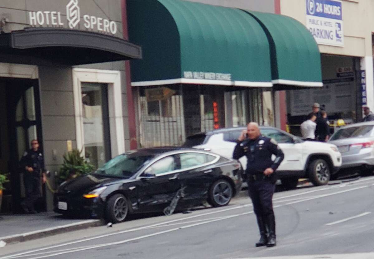 The collision happened at Geary and Taylor streets when the Tesla ran a red light, slammed into a Mini Cooper, then lost control and hit two pedestrians in a crosswalk on O'Farrell Street.