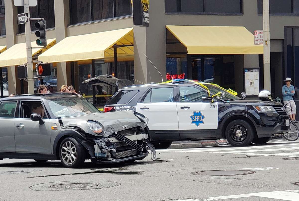 The collision happened at O'Farrell and Taylor streets when the Tesla ran a red light, slammed into a Mini Cooper, then lost control and hit two pedestrians in a crosswalk on O'Farrell Street.