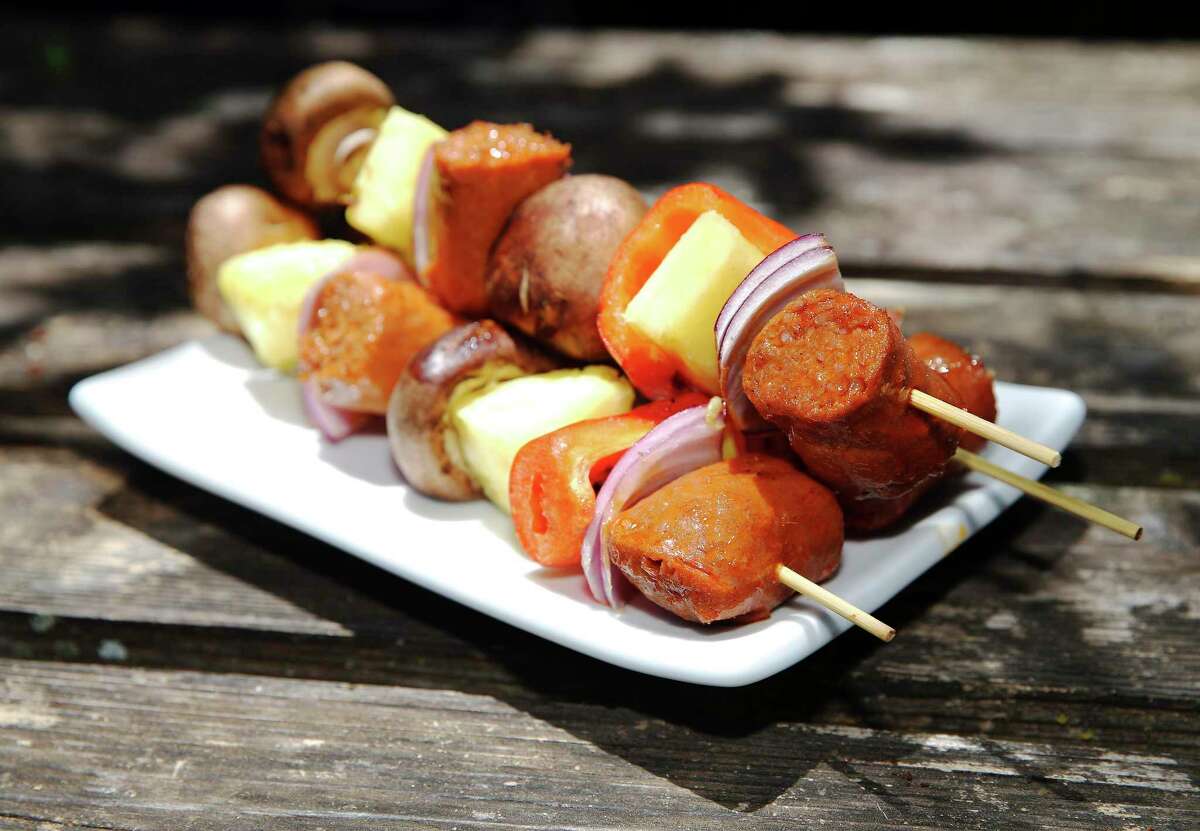 Finished skewers made with Beyond Sausage Hot Italian Sausage.