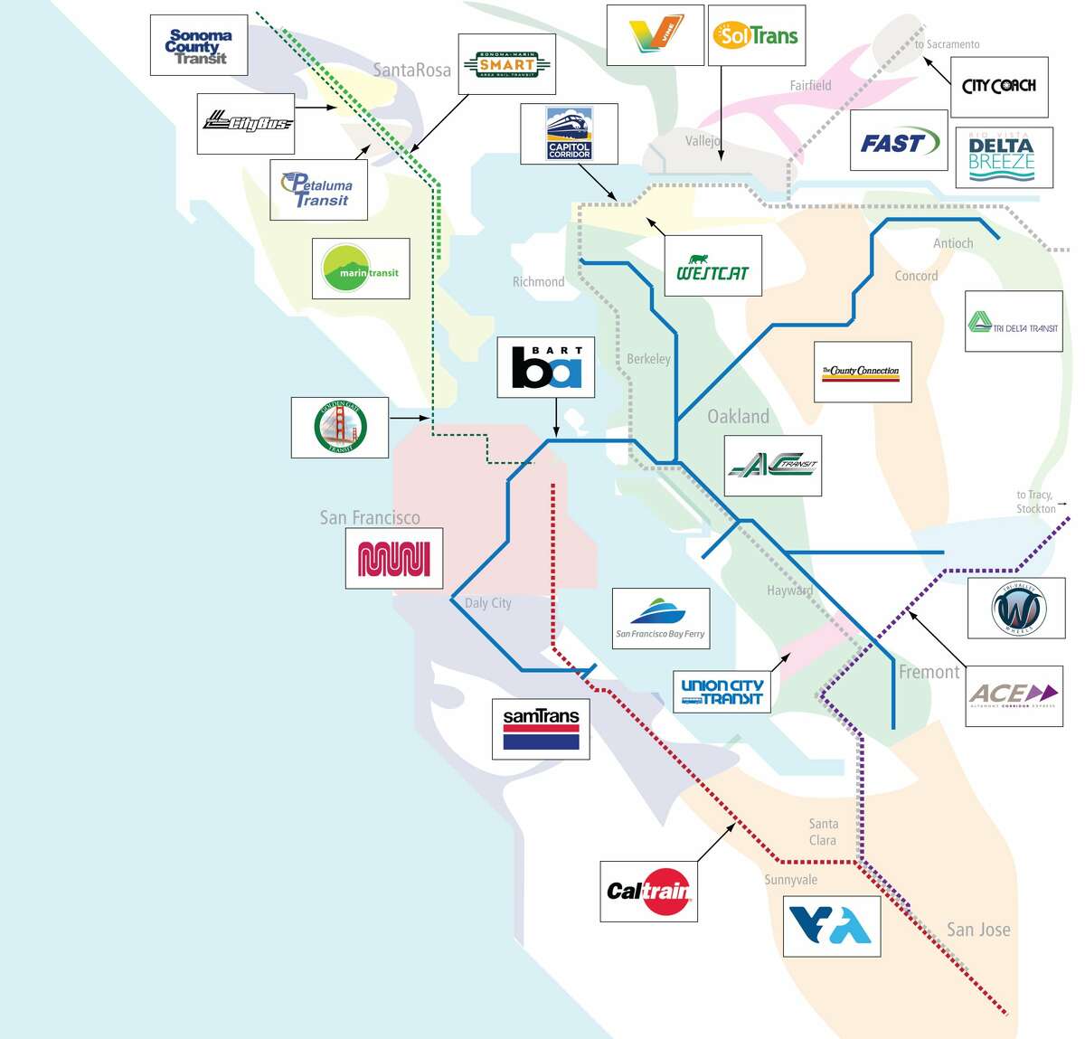 A map by Seamless Bay Area that shows all the different types of public transit options available throughout the region.