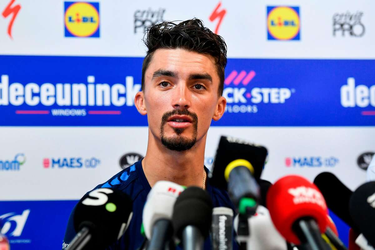 TOPSHOT - France's Julian Alaphilippe speaks during a press conference in Nimes, during a rest day as part of the 106th edition of the Tour de France cycling race on July 22, 2019. (Photo by GERARD JULIEN / AFP)GERARD JULIEN/AFP/Getty Images