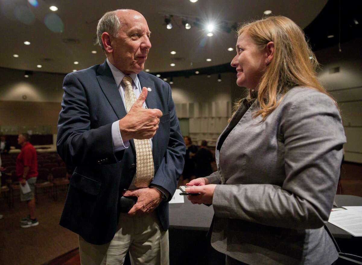 Louis W. Uccellini, director of the National Weather Service, thanks U.S. Rep. Lizzie Fletcher, D-Houston, following a House environment subcommittee hearing at Houston Community College in Houston, Monday, July 22, 2019.