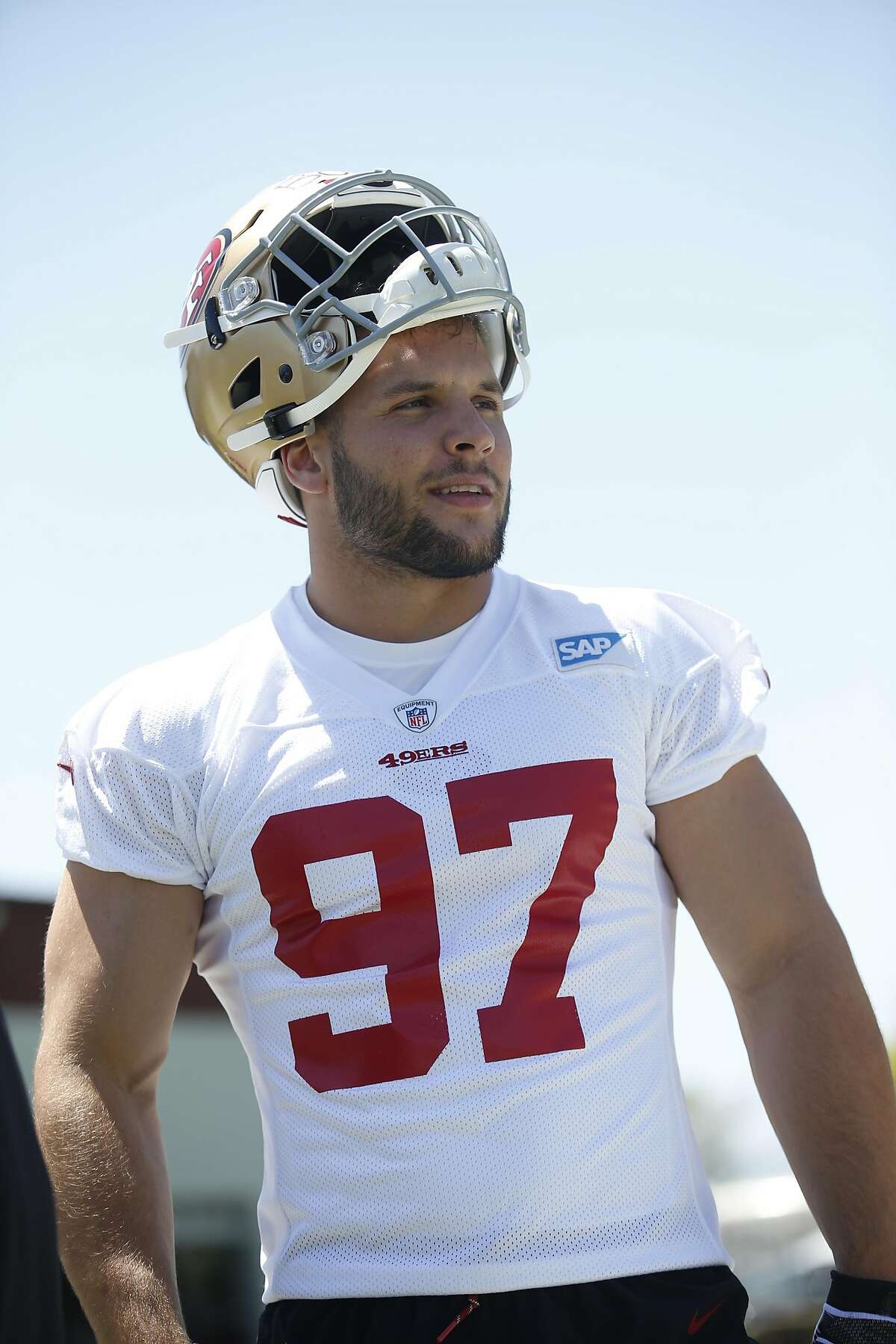 SANTA CLARA, CA - OCTOBER 21: Nick Bosa #97 of the San Francisco 49ers stands on the field during the 49ers Rookie Camp at the SAP Performance Facility on May 3, 2019 in Santa Clara, California. ~~