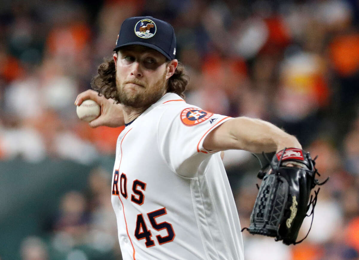 August 10, 2018: Houston Astros starting pitcher Gerrit Cole (45) pitches  during a Major League Baseball game between the Houston Astros and the  Seattle Mariners on 1970s night at Minute Maid Park