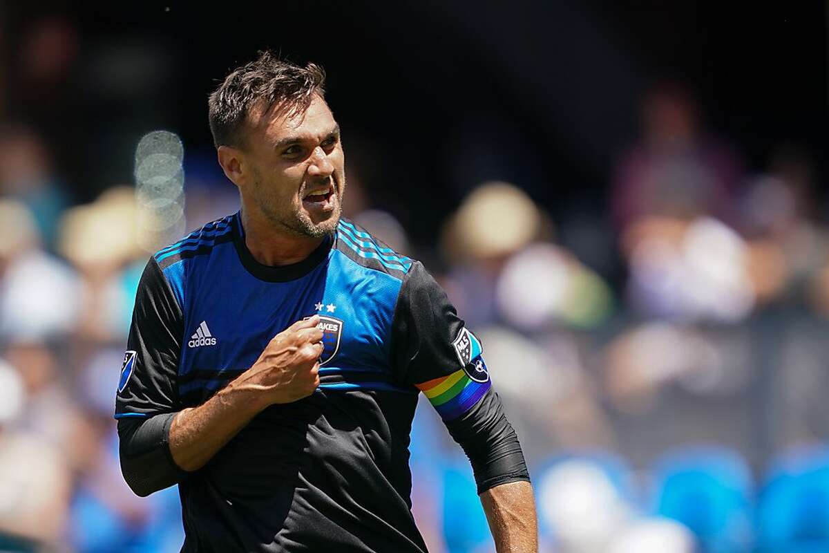 Chris Wondolowski reacts after scoring San Jose's first goal in