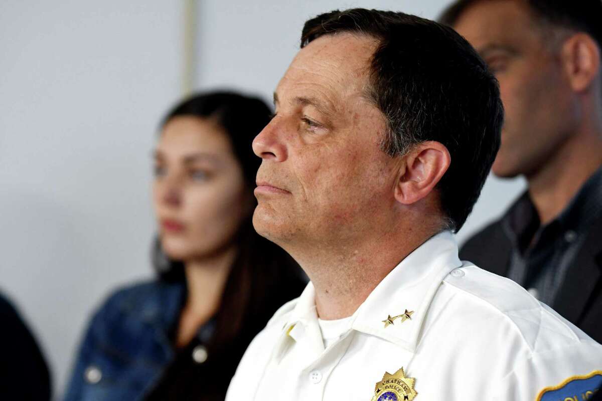 Chief Peter Volkmann of the Chatham, N.Y. Police Department listens to the announcement of the new Schenectady Cares Program which will allow addicts, even those who arrive with drugs on them, to ask officers for help with addiction at a press conference on Tuesday, July 23, 2019, in Schenectady, N.Y. Volkmann was put on paid leave Sept. 18, 2020 after the State Police served a warrant to look at the Chatham Police's computers.  (Catherine Rafferty/Times Union)