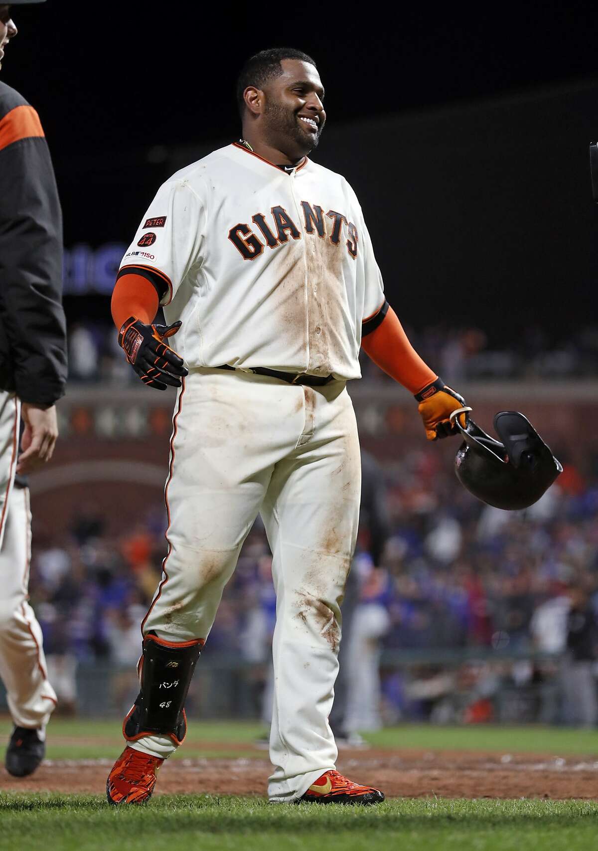 San Francisco Giants' Pablo Sandoval celebrates his walk off home run in 13th inning of 5-4 win over Chicago Cubs during MLB game at Oracle Park in San Francisco, Calif., on Tuesday, July 23, 2019.