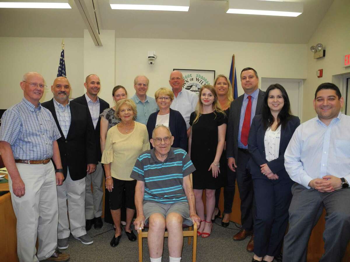 The Republican nominees for office after the Republican Town Committee meeting on July 23 at the town hall annex. In front, Gerry Holdridge.Second row, from left, Libby Bufano, Lynne Vanderslice, Jill Warren. Back row, from left, Chris Gardner, Rick Tomasetti, Jake Bittner, Jill Lalor, Peter Balderston, Warren Serenbetz, Mandi Schmauch, Josh Cole, Melissa Rotini, and Anthony Cenatiempo.