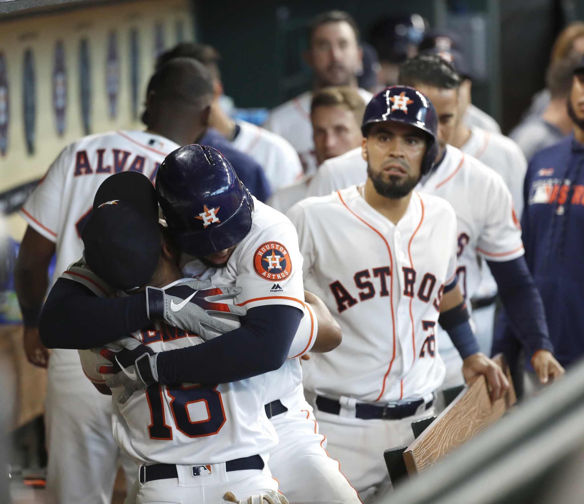 May 19, 2018: Houston Astros second baseman Jose Altuve (27) congratulates  Houston Astros center fielder Tony Kemp (18) for making a diving catch  during a Major League Baseball game between the Houston