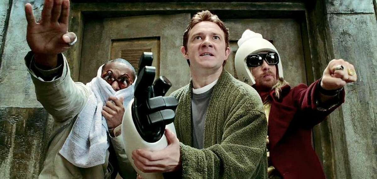 Mos Def, Martin Freeman and Sam Rockwell in the 2005 movie The Hitchhiker's Guide to the Galaxy.