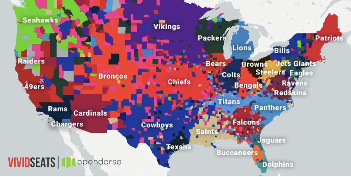An interactive map shows the most popular NFL team in each US county.