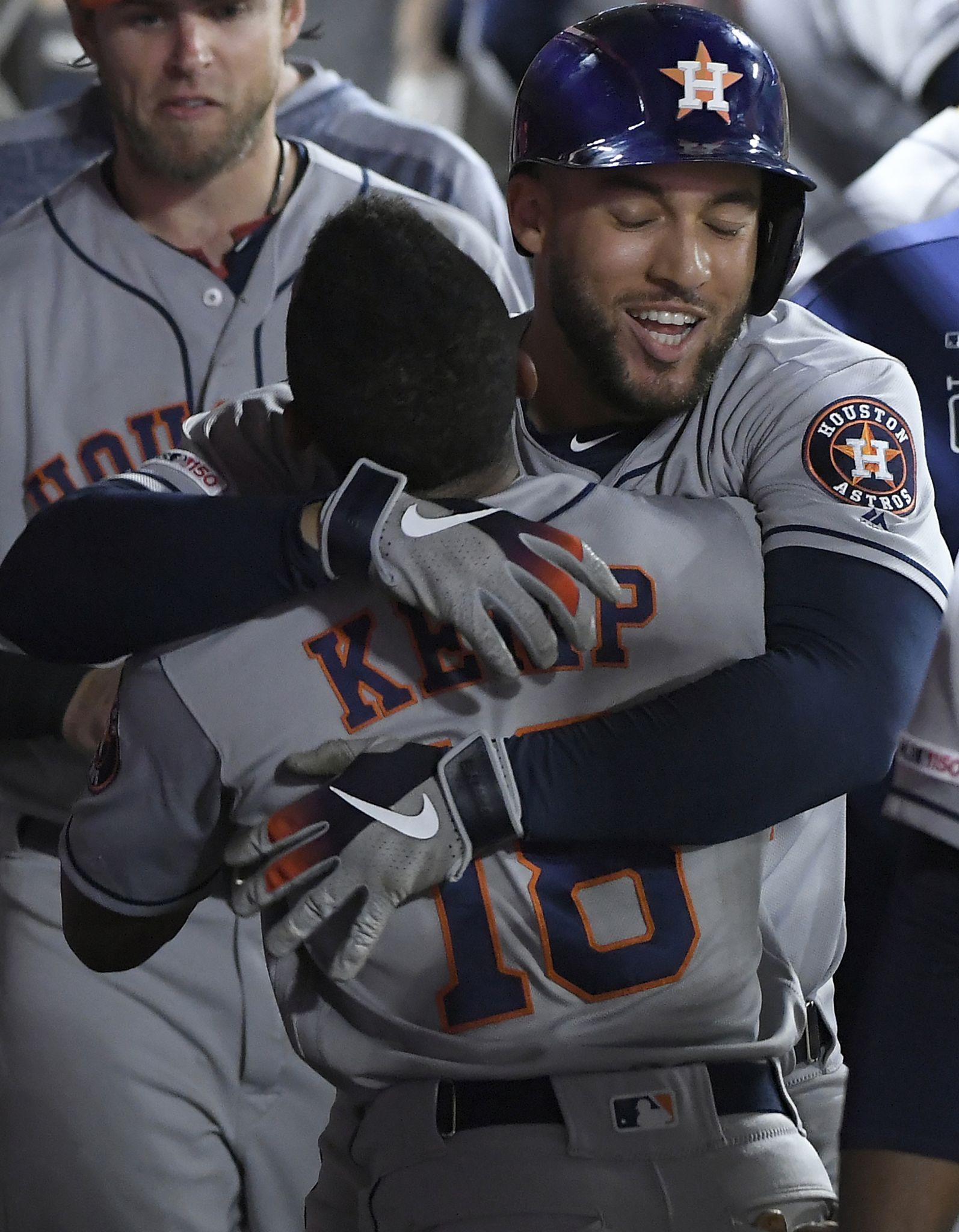 May 19, 2018: Houston Astros second baseman Jose Altuve (27) congratulates  Houston Astros center fielder Tony Kemp (18) for making a diving catch  during a Major League Baseball game between the Houston