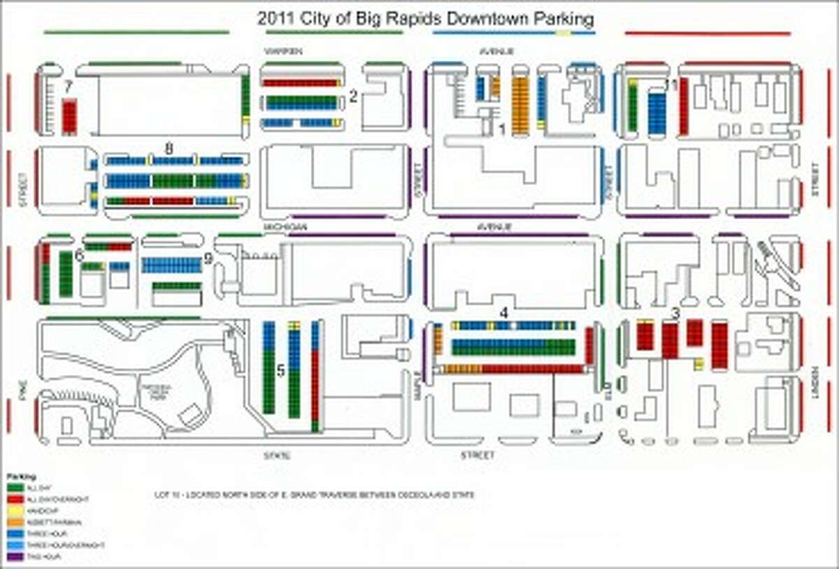 A map of the parking spaces available in Downtown Big Rapids. (Courtesy image)