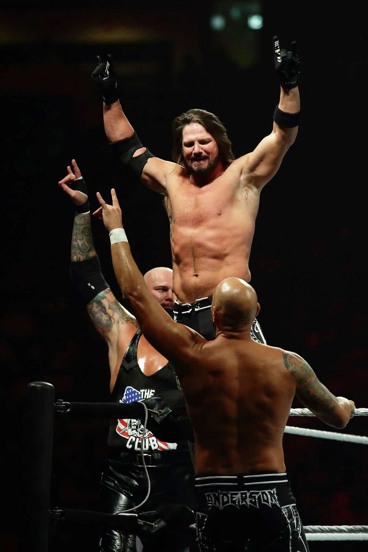 SINGAPORE - JUNE 27: (L-R) Luke Gallows, AJ Styles and Karl Anderson during the WWE Live Singapore at the Singapore Indoor Stadium on June 27, 2019 in Singapore. (Photo by Suhaimi Abdullah/Getty Images for Singapore Sports Hub)