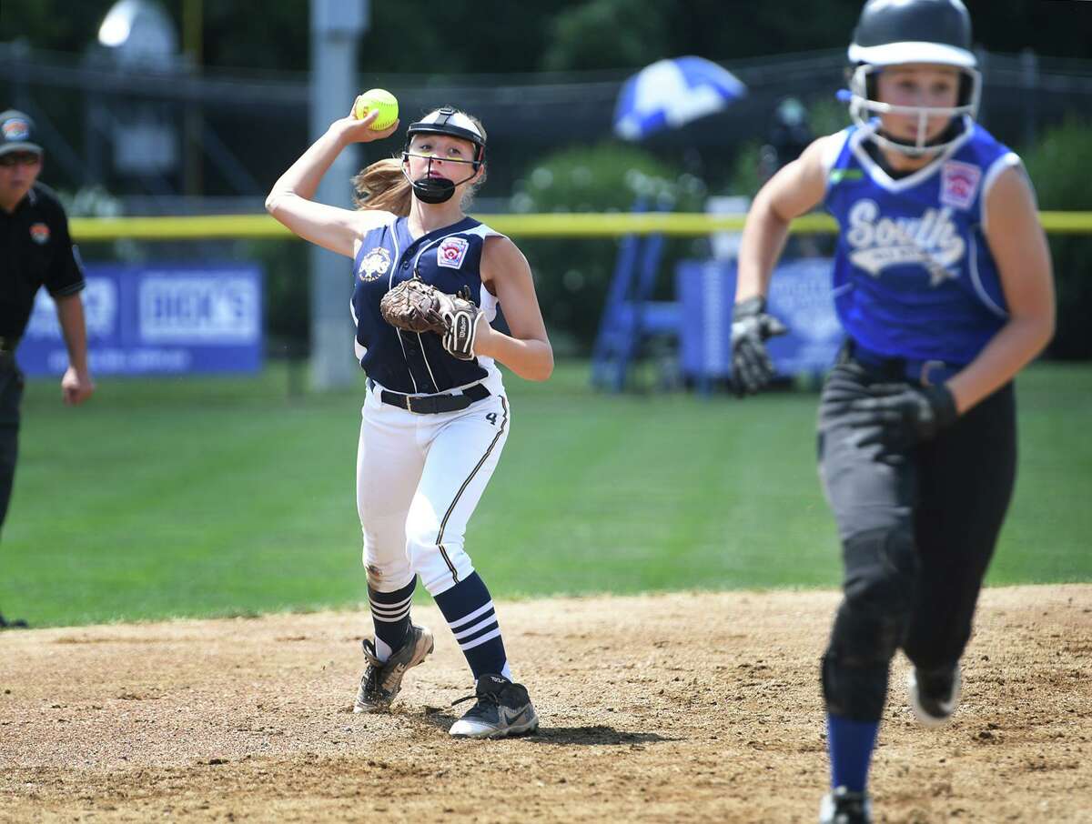 Milford shortstop Talia Salanto throws to third base attempting to get the lead runner in the 5th inning of the championship game of the 2019 Little League Softball Eastern Regional Tournament in Bristol on Thursday. South Williamsport, PA defeated Milford, 3-2.