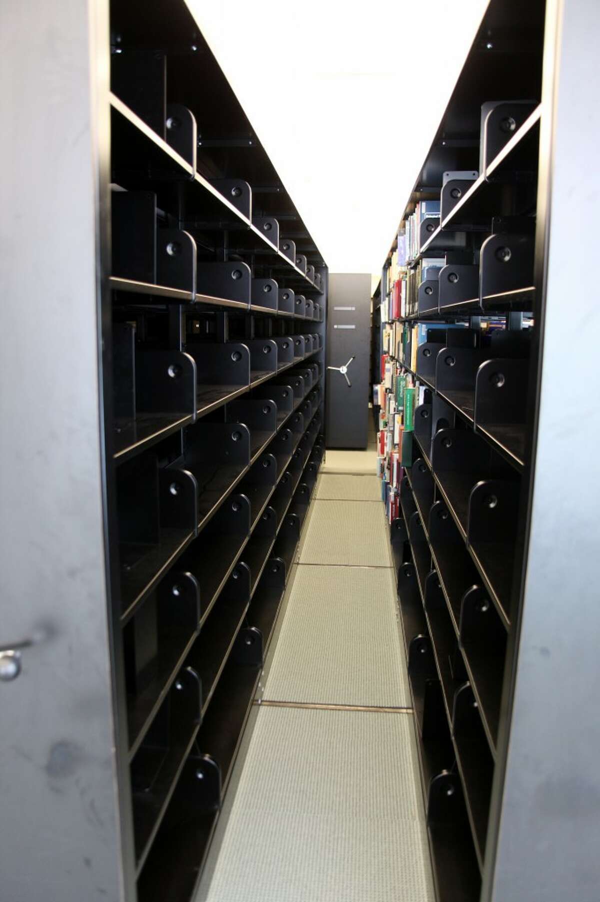 Empty shelves in the lower level of FLITE will be used for Big Rapids Community Library's collection.